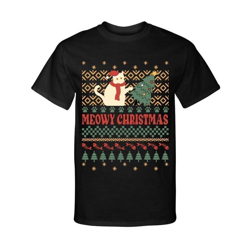 Meowy Christmas Cat Lover 3 Retro Ugly Sweater Xmas Style Graphic Tee Shirt